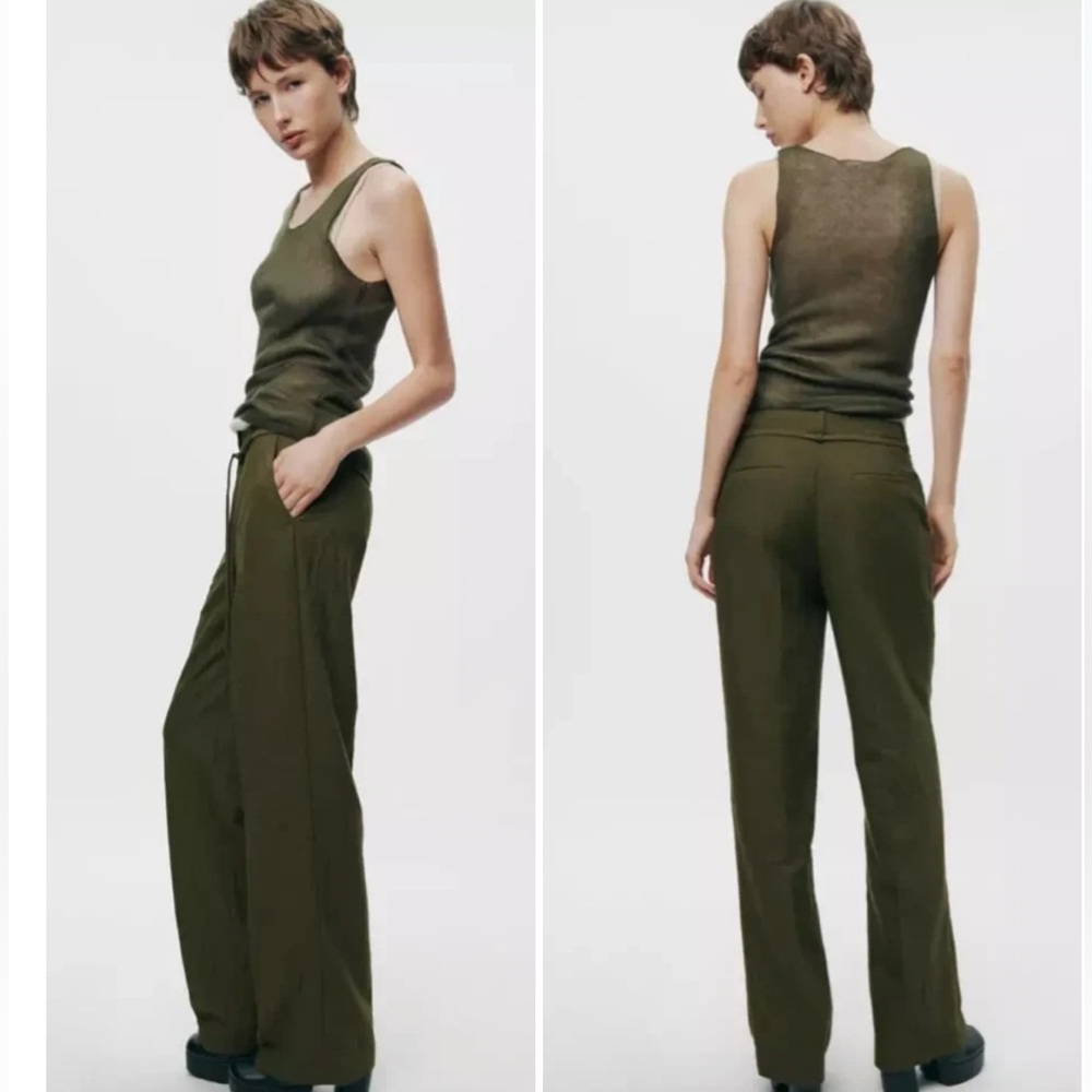 Zara Khaki Green ZW Collection Belted wide legTrousers